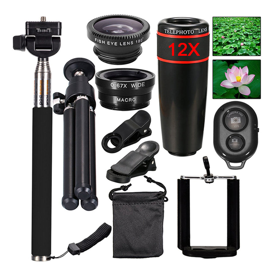 Mini Camera Mobile Phone Lens kit 12X Zoom Telephoto Lenses For iPhone and Android Smartphones Monopod Bluetooth Shutter Tripod