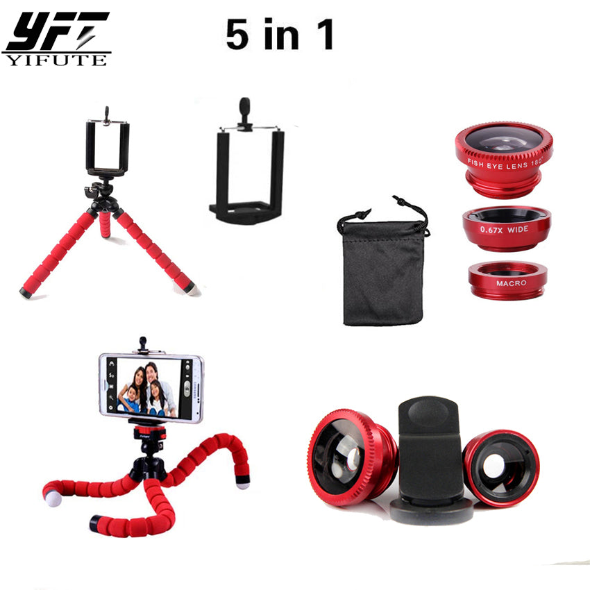 YIFUTE 5in1 10x Zoom Macro Fish Eye Lens Wide Angle Macro Lenses with Tripod Clip on For iPhone 7 plus Samsung LG phone Holder