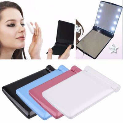 1pc Women Foldable Makeup Mirrors Lady Cosmetic Hand Folding Portable Compact Pocket Mirror 8 LED Lights Lamps Drop Shipping