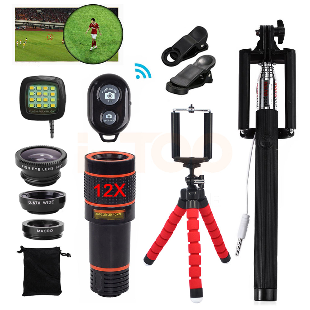 15in1 Phone Camera Lens Kit 12X Telephoto Zoom Lentes Telescope Fish eye Macro Wide Angle lenses For iPhone 8 7 6 5 s Smartphone