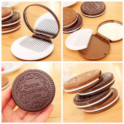 Mini Pocket Chocolate Cookie Biscuits Compact Mirror With Comb ~Cute~