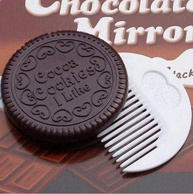 Mini Pocket Chocolate Cookie Biscuits Compact Mirror With Comb ~Cute~