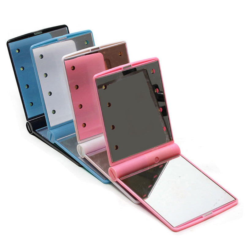 Hot Sale 4 Colors Girls Makeup Mirror with 8 LED Light Folding Cosmetic Hand Mirror Portable Pocket Mirror