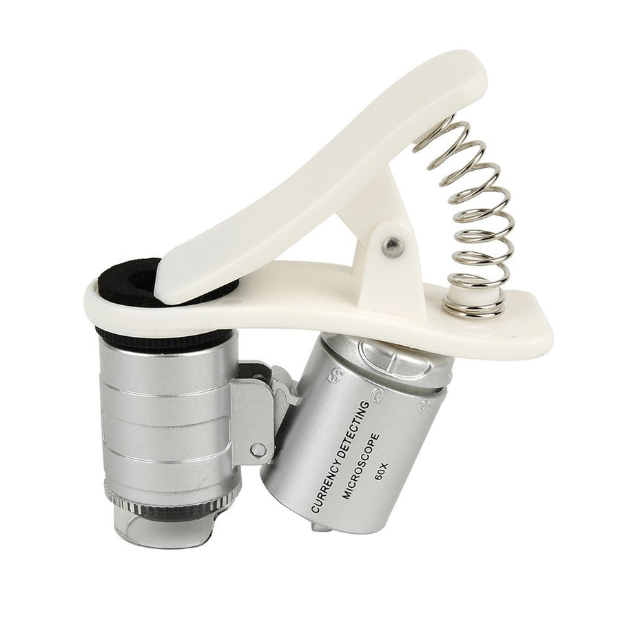THGS 60X Universal Mobile Phone Mini Portable Clip LED Microscope Magnifier Loupe UV Currency Detector Flashlight Silver
