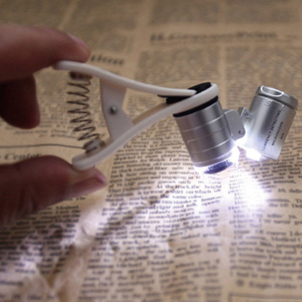 THGS 60X Universal Mobile Phone Mini Portable Clip LED Microscope Magnifier Loupe UV Currency Detector Flashlight Silver