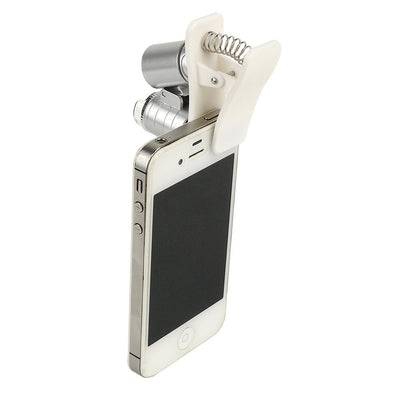 THGS 60X Universal Mobile Phone Mini Portable Clip LED Microscope Magnifier Loupe UV Currency Detector Flashlight Silver