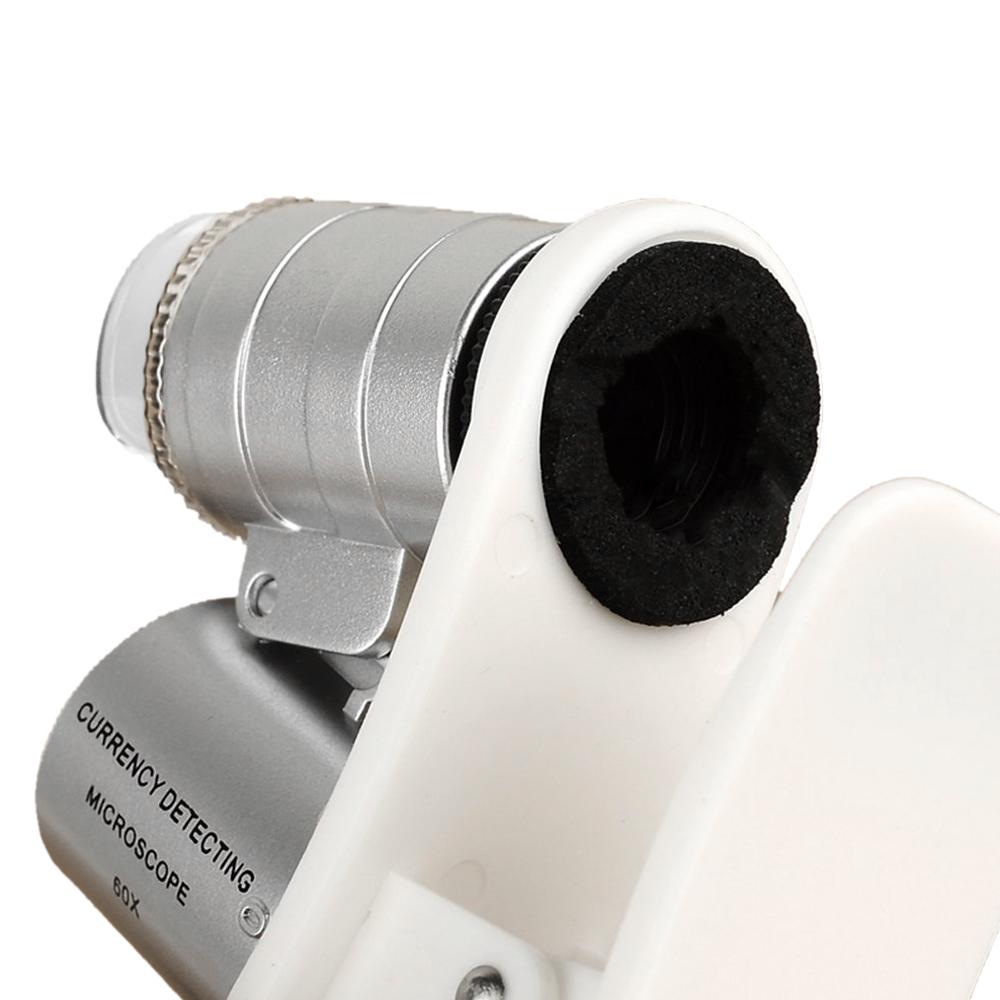 THGS 60X Universal Mobile Phone Mini Portable Clip LED Microscope Magnifier Loupe UV Currency Detector Flashlight Silver