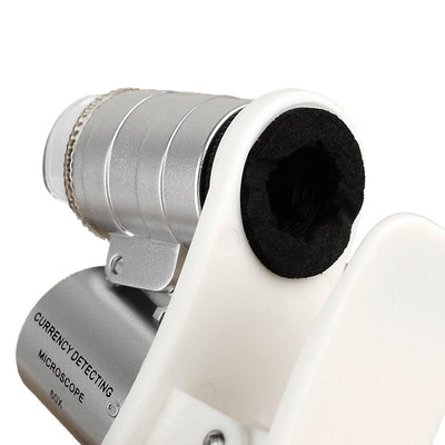 THGS 60X Universal Mobile Phone Mini Portable Clip LED Microscope Magnifier Loupe UV Currency Detector Flashlight Silver