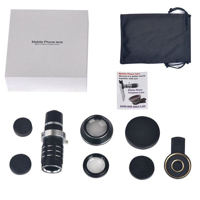 HD Phone lenses kit 12x Zoom Telephoto 0.45X Wide Angle 15X Super Macro Lens For iPhones Samsung Smartphones Clip Camera Lenses