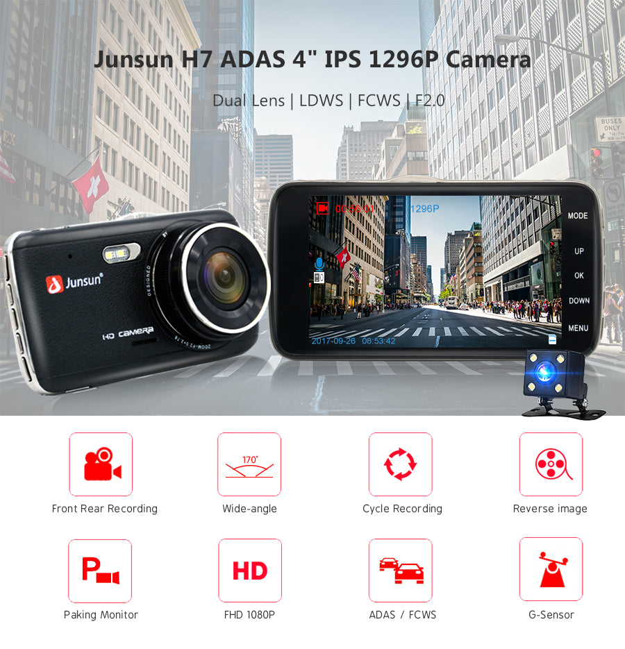 Junsun H7 Car DVR Camera Dual Lens IPS 4.0" Full HD 1296P Video Recorder Registrator Night Vision Car Camcorder DVRs Dash Cam