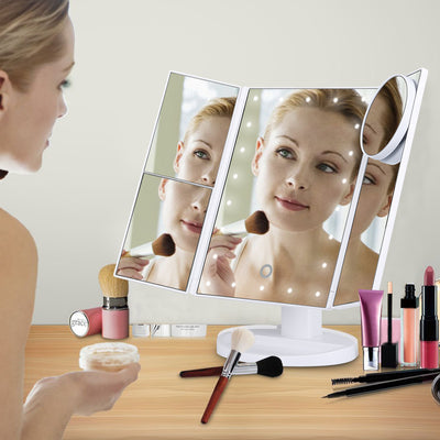Ovonni Vanity Makeup Mirror 22 LED Lighted Touch Screen 1X/2X/3X/10X Magnification Foldable Adjustable Maquiagem LED Mirror