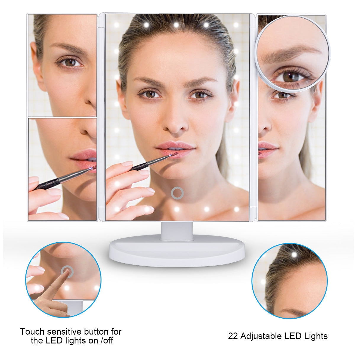 Ovonni Vanity Makeup Mirror 22 LED Lighted Touch Screen 1X/2X/3X/10X Magnification Foldable Adjustable Maquiagem LED Mirror