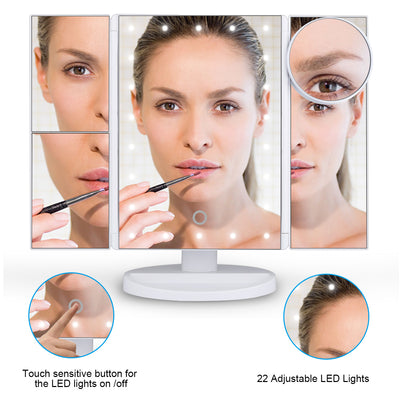 Ovonni Vanity Makeup Mirror 22 LED Lighted Touch Screen 1X/2X/3X/10X Magnification Foldable Adjustable Maquiagem LED Mirror