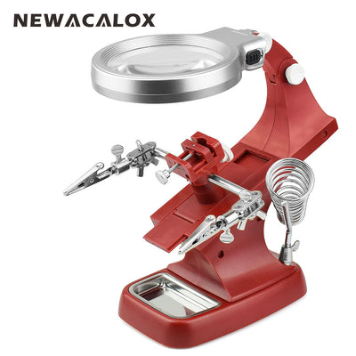 NEWACALOX LED Illuminated Desktop Magnifier Helping Hand Auxiliary Clamp Alligator Clip Stand 10 LED Lights Magnifying Glass