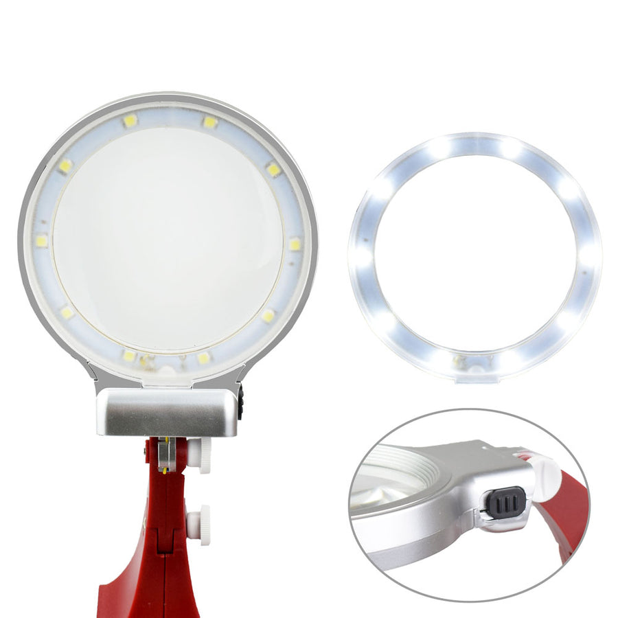 NEWACALOX LED Illuminated Desktop Magnifier Helping Hand Auxiliary Clamp Alligator Clip Stand 10 LED Lights Magnifying Glass