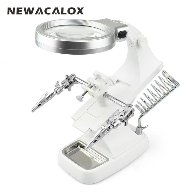 NEWACALOX LED Illuminated Desktop Magnifier Helping Hand Auxiliary Clamp Alligator Clip Stand 10 LED Lights Magnifying Glass