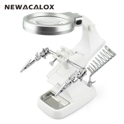 NEWACALOX LED Illuminated Desktop Magnifier Helping Hand Auxiliary Clamp Alligator Clip Stand 10 LED Lights Magnifying Glass