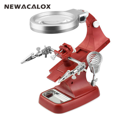 NEWACALOX LED Illuminated Desktop Magnifier Helping Hand Auxiliary Clamp Alligator Clip Stand 10 LED Lights Magnifying Glass