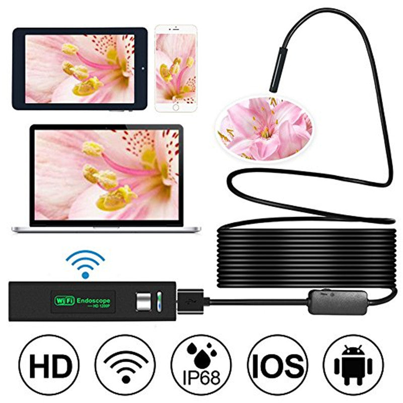 Wireless Endoscope, HD 1200P Wifi USB Borescope, IP68 Waterproof Inspection Camera with Semi-rigid Flexible cable for smartphone