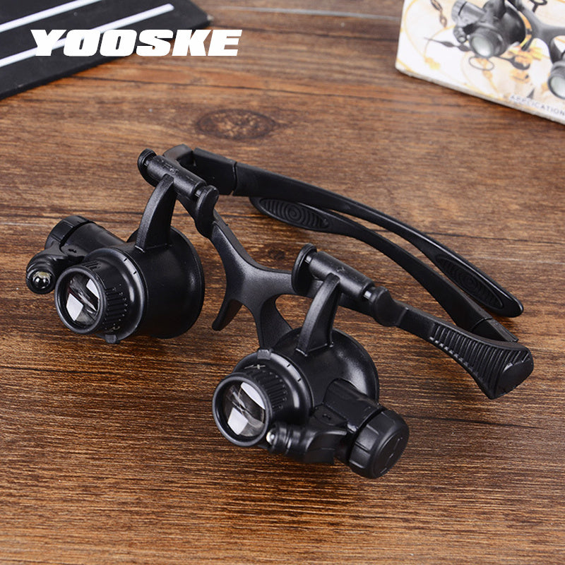 YOOSKE Vintage Magnifier 10X 20X Glasses with LED Light Double Eyes Jewelry Magnifying Eyeglass Repair Tools with 4pcs Lens