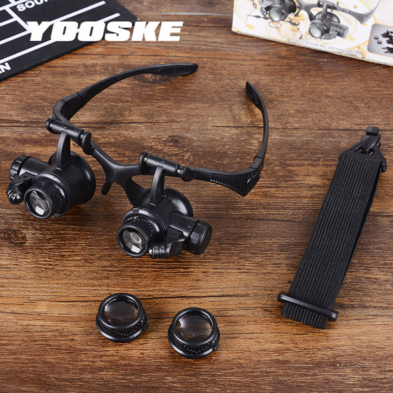 YOOSKE Vintage Magnifier 10X 20X Glasses with LED Light Double Eyes Jewelry Magnifying Eyeglass Repair Tools with 4pcs Lens