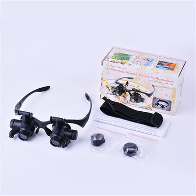 YOOSKE Vintage Magnifier 10X 20X Glasses with LED Light Double Eyes Jewelry Magnifying Eyeglass Repair Tools with 4pcs Lens