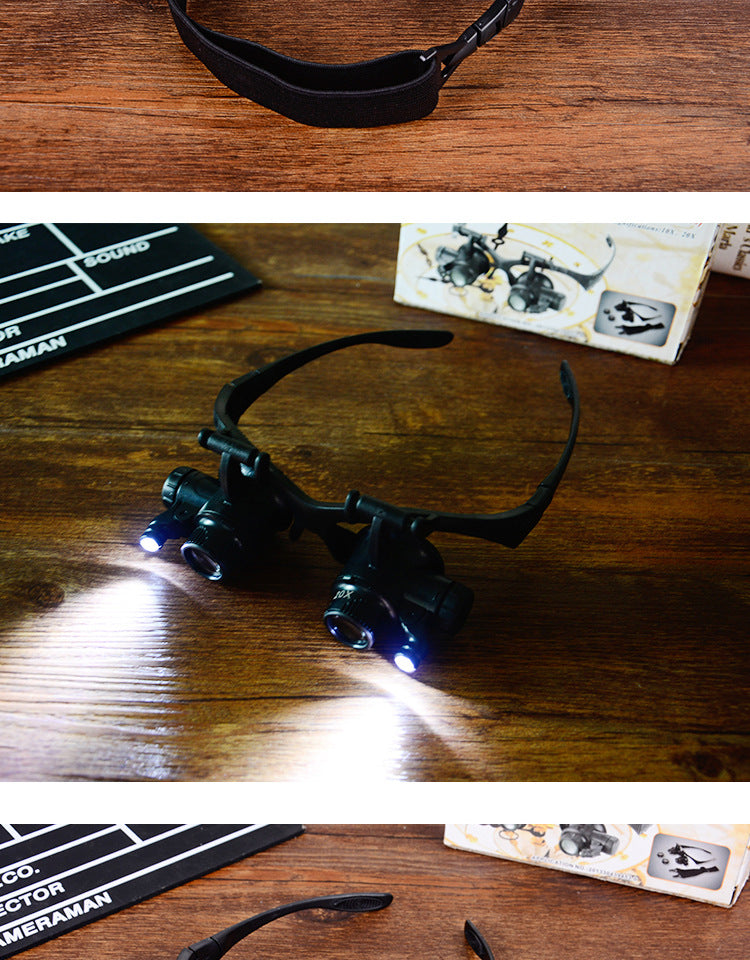 YOOSKE Vintage Magnifier 10X 20X Glasses with LED Light Double Eyes Jewelry Magnifying Eyeglass Repair Tools with 4pcs Lens