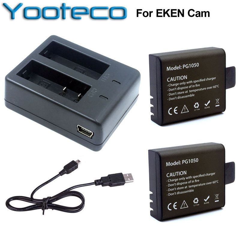 For EKEN Accessories Dual Charger + 2Pcs 1050mAh Backup Rechargeable Li-ion Battery For H9 H9R H8PRO H8R H8 pro Action Camera