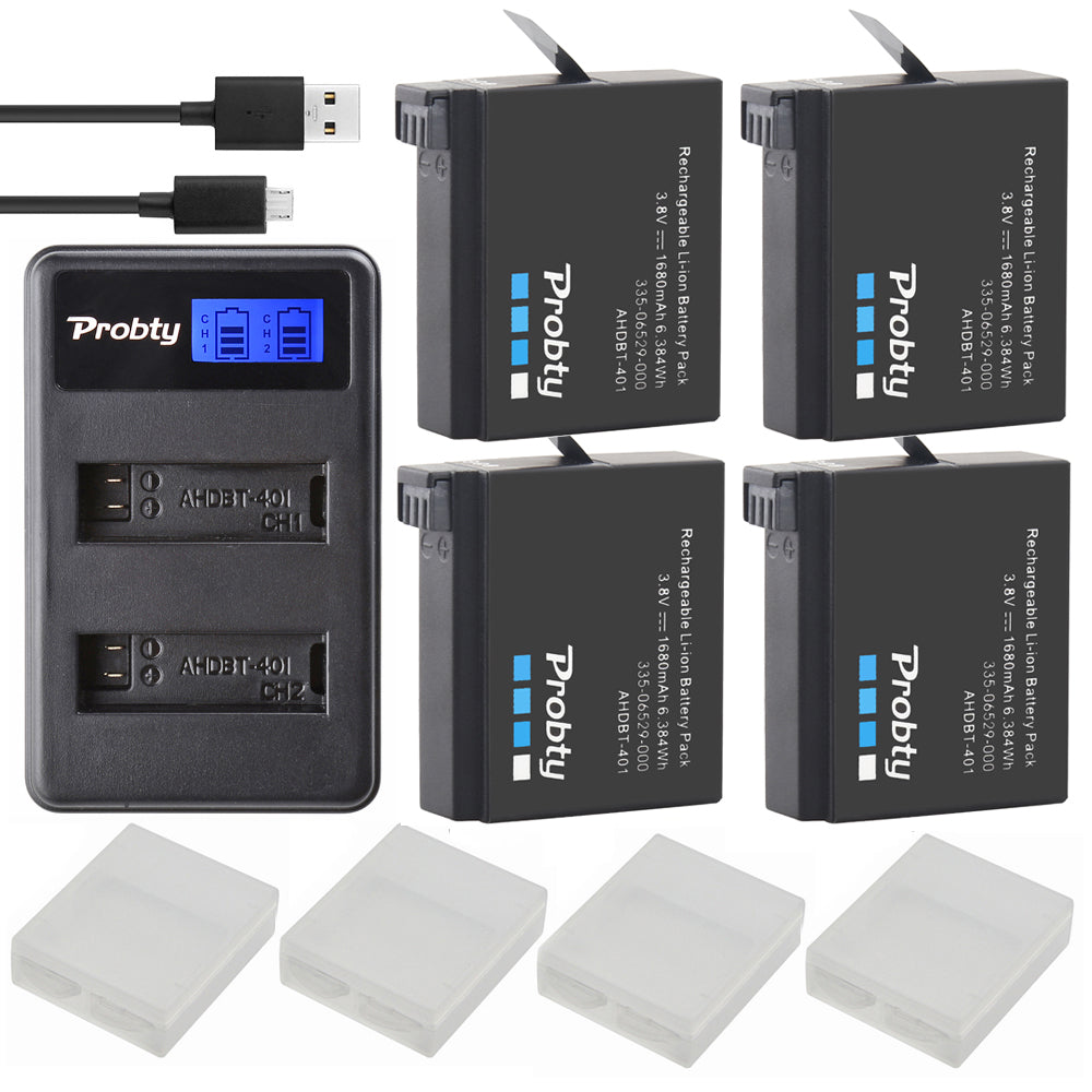 4Pcs Probty AHDBT-401 + LCD USB Dual Charger For Gopro Hero 4 Batteries Go Pro Hero4 bateria AHDBT 401 Action camera Accessories